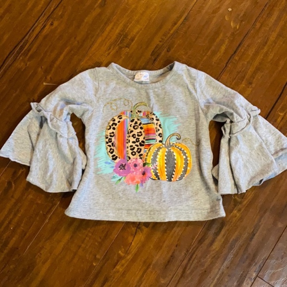 Gray Pumpkin fall gold‎ glitter Bell sleeve girls top
